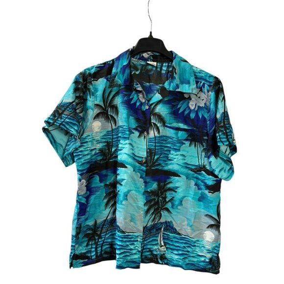King Kameha Mens Hawaiian Button Front Shirt Tropical 2XL Palm Trees Sailboats - Picture 1 of 7